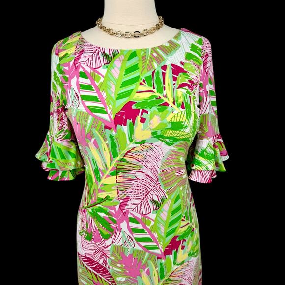 Pappagallo Tropical Double Flutter Sleeve Shift Dress Pink/Green Palm Leaf Small - Picture 4 of 14